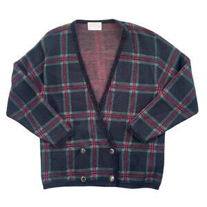 Vtg Pendleton Wool Black & Red Plaid Double-Breasted Button-Down Cardigan
